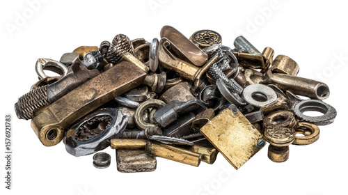 Collection of mixed metal scrap background isolated on a Transparent background, PNG file.