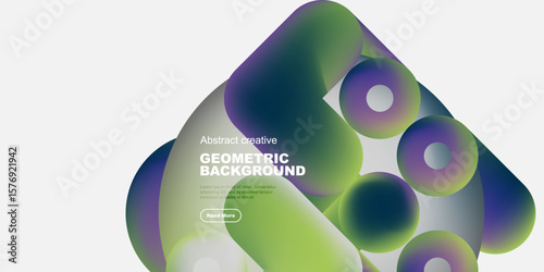 Abstract geometric shapes overlap, creating vibrant color gradients. Design features text promoting further exploration. Modern aesthetic.