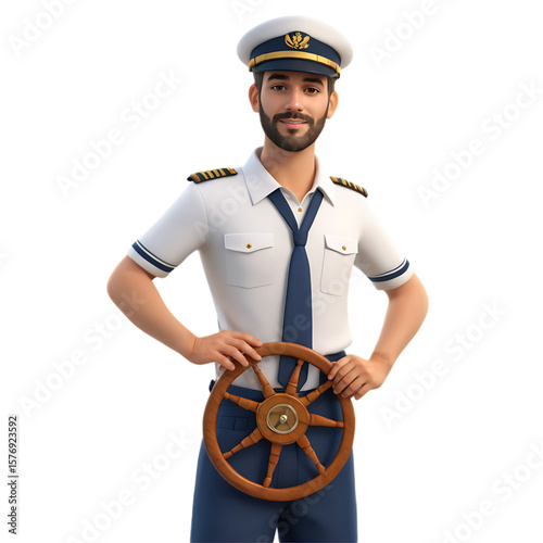 Friendly 3D Sailor Character with a Beard, Holding a Ship's Wheel, AI Generated
