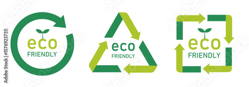 eco friendlyと書かれたサークル型のアイコンセット（エコ 環境 サステナブル 表示マーク ベクター）