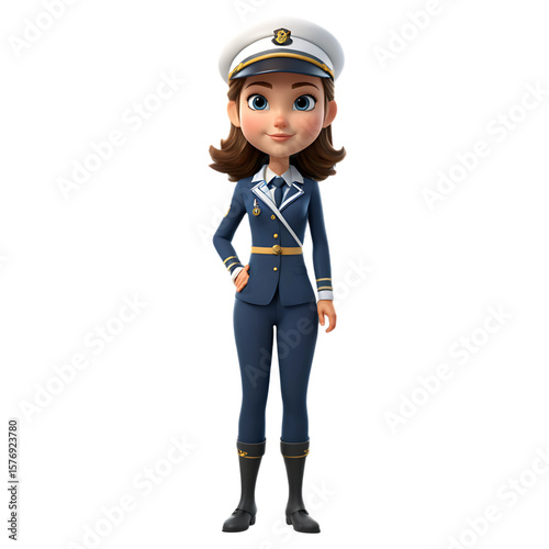 Cute 3D Cartoon Character of a Female Sailor or Naval Cadet, AI Generated