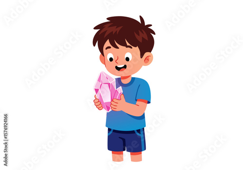 Children Illustration Vector SVG with Boy Holding Pink Crystal in Modern Flat Style