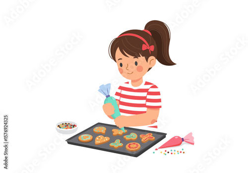 Vector SVG Illustration of Girl Baking Cookies in Modern Flat Style with Bright Colors for Web and Digital Media