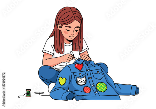 Vector SVG Illustration of Girl Sewing Heart Patches on Jacket in Flat Modern Style with Bright Colors for Fashion and Craft Projects
