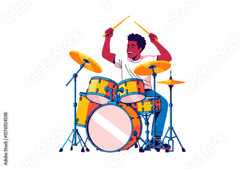 Vector SVG Illustration of a Drummer Playing Drum Set in Modern Flat Style with Bright Colors for Web and Digital Media