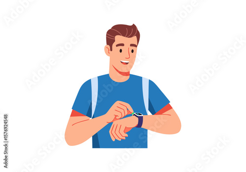 Vector Minimalist Flat SVG Illustration of Young Man Checking Smartwatch in Modern Style with Blue and Red Colors for Digital and Web Use