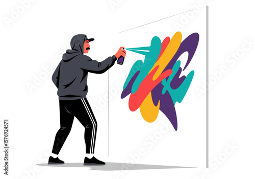 Modern Vector SVG Illustration of Man Spray Painting Abstract Graffiti Wall with Bright Colors and Line Art Style for Urban Art Design