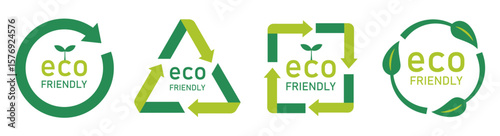 eco friendlyと書かれたサークル型のアイコンセット（エコ 環境 サステナブル 表示マーク ベクター）