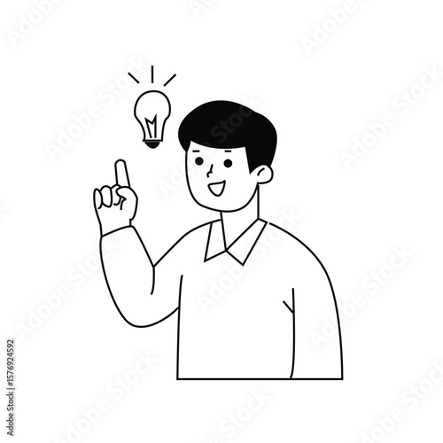 Minimalist line drawing of a happy man pointing to a lightbulb, representing a creative idea, innovation, and a eureka moment