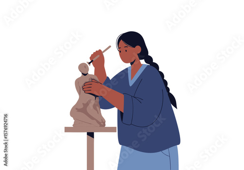 Minimalist Vector SVG Illustration of a Female Sculptor Creating a Statue in Flat Design Style with Blue and Beige Colors