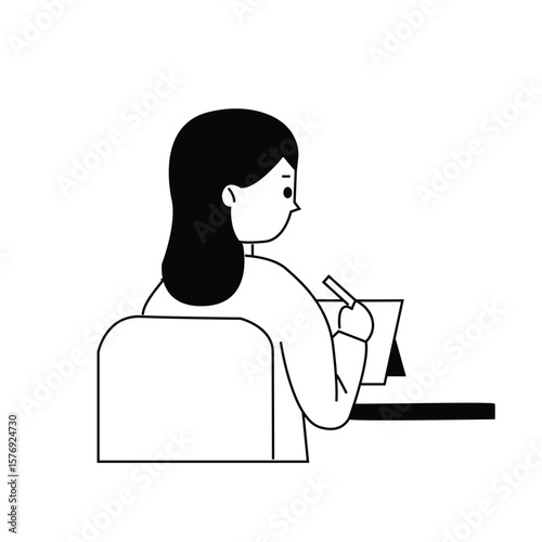 A minimalist black and white line art illustration of a woman seen from behind, drawing on a digital tablet with a stylus while sitting at a desk