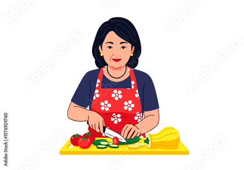 Vector SVG Illustration of Woman Cooking with Vegetables in Modern Flat Style Featuring Bright Colors and Simple Shapes