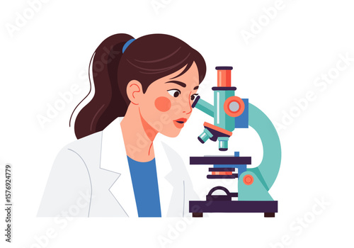 Vector SVG Illustration of Female Scientist with Microscope in Modern Flat Style for Educational and Scientific Branding