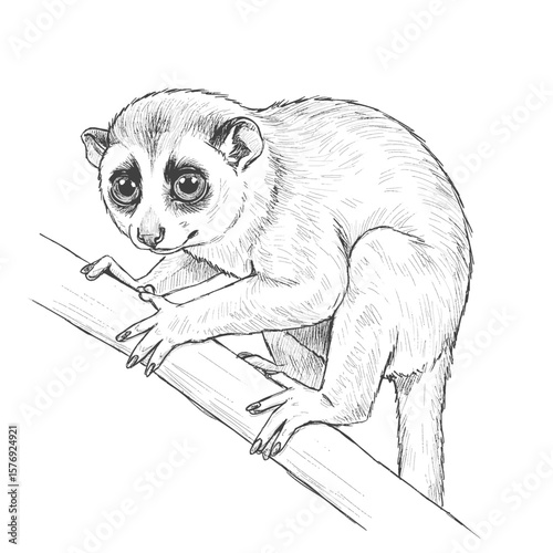 A hand-drawn pencil sketch of a slow loris perched on a tree branch. The illustration highlights its large eyes, small body, and detailed fur texture, representing the animal in a natural climbing pos