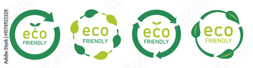 eco friendlyと書かれたサークル型のアイコンセット（エコ 環境 サステナブル 表示マーク ベクター）