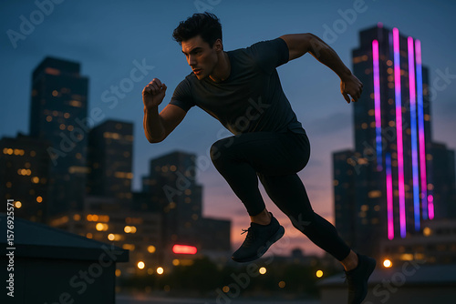 hombre corriendo en una ciudad futurista 