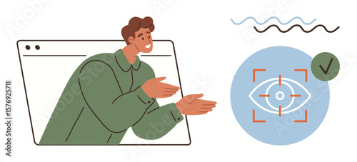 Man emerging from browser window gesturing towards an eye with focus brackets and a checkmark. Ideal for technology, vision, AI, communication, learning, cyber-security, precision. Simple flat