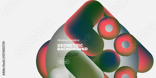 Abstract geometric shapes overlap, creating vibrant color gradients. Modern design with text overlay, promoting further exploration.