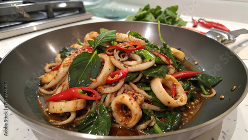 Foto Stir fried squid with basil and chili peppers thai food recipe delicious seafood