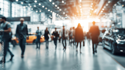 A blurred background captures the vibrant atmosphere of a car fair or exhibition, with a multitude of people moving through the hall and bright lens flares, symbolizing events, commerce, and human act