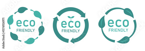 eco friendlyと書かれたサークル型のアイコンセット（エコ 環境 サステナブル 表示マーク ベクター）