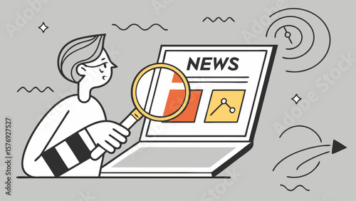 Person examining news articles on a laptop screen with a magnifying glass symbolizing research and information gathering