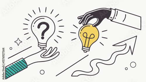 Hand offering a glowing lightbulb representing a new idea to a waiting hand with a question mark lightbulb symbolizing uncertainty