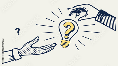 Conceptual illustration of a question mark inside a lightbulb being offered by one hand to another open hand