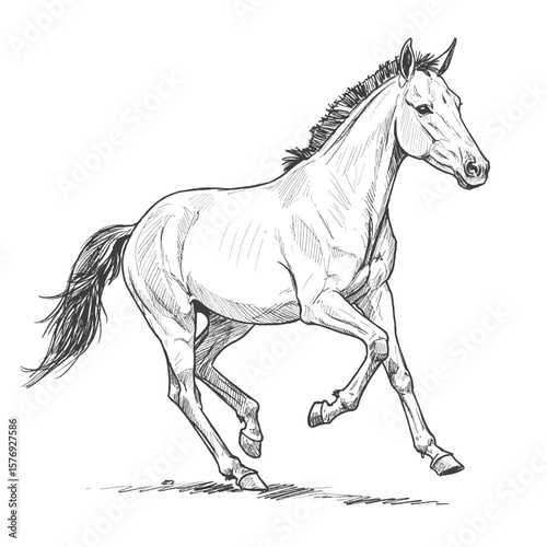 A realistic hand drawn horse sketch illustration running forward. The artwork shows strong muscular body structure and detailed posture, created in pencil lines with a vintage farm animal and equestri