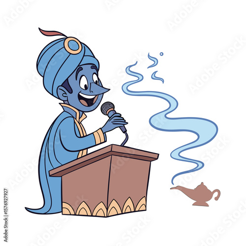 The blue smoke from the bottom of the genie coming out of the magic lamp on the desk