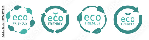 eco friendlyと書かれたサークル型のアイコンセット（エコ 環境 サステナブル 表示マーク ベクター）