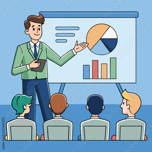 Young male professional stands in front of digital display screen presenting business data in bar and pie charts to group of colleagues seated around conference table. Strategy development, analytics