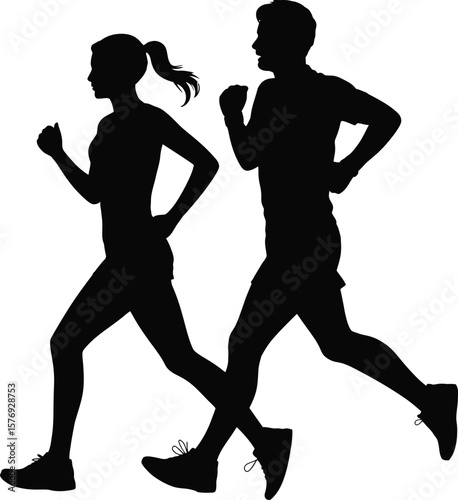 Fit Man and Woman Running: Silhouettes for Sport and Wellness Concepts
