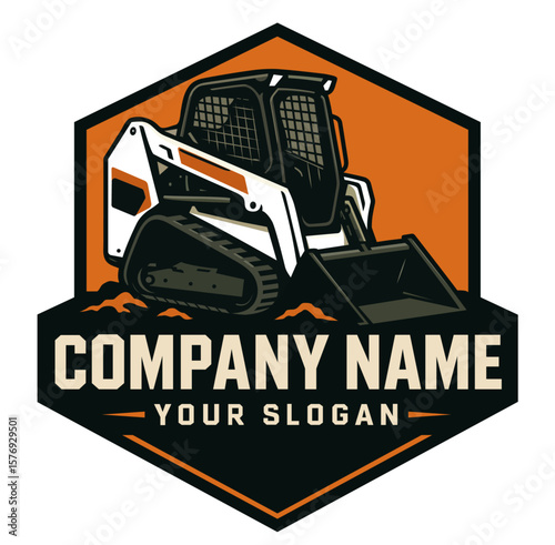 Bobcat Track Loader Skid steer loader logo design for construction company, contractor, or equipment rental business. Bold graphic badge for branding, signs, or marketing materials