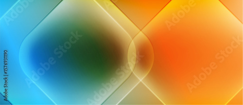 Abstract gradients blend blue, green, orange hues. Geometric shapes intersect creating dynamic visual effect. Soft lighting emphasizes smooth transitions.