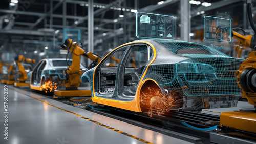 Futuristic car manufacturing assembly line features robotic arms working on vehicles with digital overlays, showcasing advanced technology and automation in modern factory setting