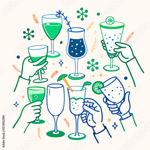Cheers and Drinking Toast Illustration with Martini, Wine, Champagne and Cocktail Glasses in Hand – Celebration Vector Art
