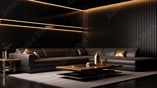 Luxury modern interior with a dark brown leather sectional sofa, gold-accented lighting, matte black walls, and a white marble floor under ambient lighting .