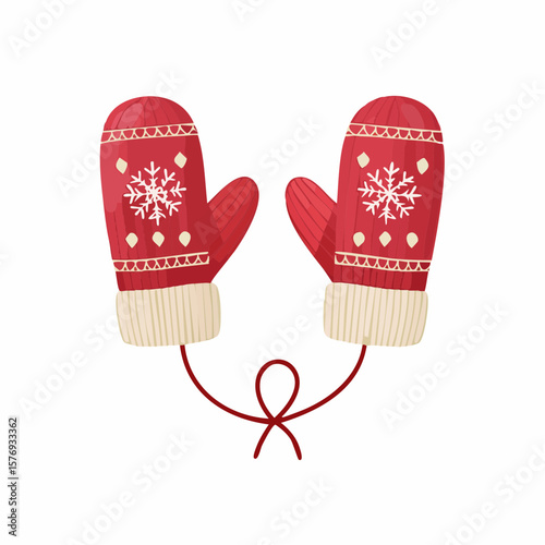 Festive Red Mittens with Snowflake Designs Connected by String