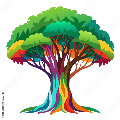 Banyan tree with colorful vector on white background