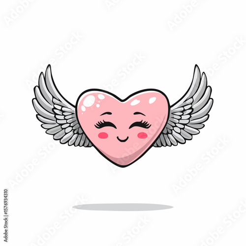 Cartoon pink heart with wings, eyelashes, rosy cheeks, and a gentle smile