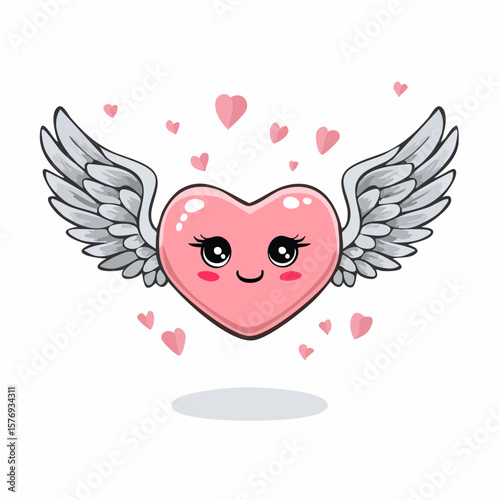 Adorable Pink Heart with Angel Wings and Smiling Face, Floating.