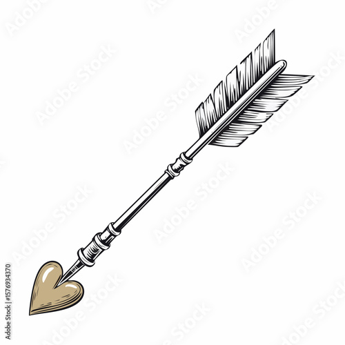 Detailed Illustration of a Heart-Shaped Arrow, Angled and Decorative.