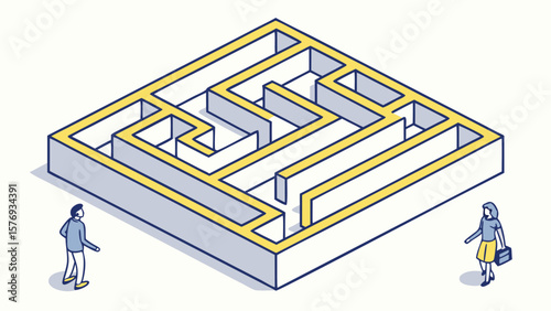 Navigating a complex 3D maze puzzle, an illustration of the strategic path to finding a business solution and successful exit from confusion