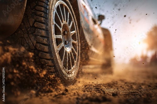 Close-up of rally car tire kicking up dirt on a rural track during a time trial 