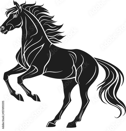 Majestic Black Horse Rearing Silhouette - Dynamic Equine Vector Illustration
