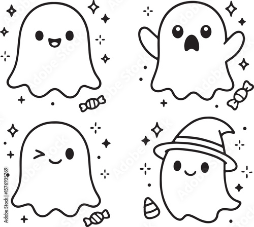 Cute Halloween line art set with ghosts, witch hats, potions, candies, bats, skulls & webs in minimal thin vector style, ideal for stickers, patterns, and spooky season clipart packs