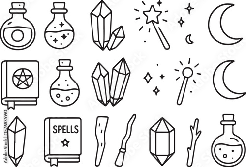 Cute Halloween line art set with ghosts, witch hats, potions, candies, bats, skulls & webs in minimal thin vector style, ideal for stickers, patterns, and spooky season clipart packs