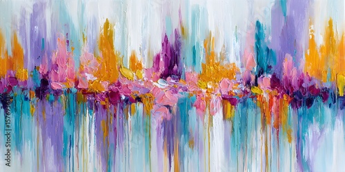 Colorful vertical abstract painting with vibrant central brushstroke flow