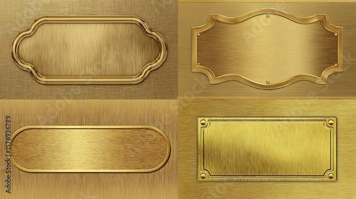 Four distinct decorative gold nameplates on textured gold backgrounds, each with a unique ornate border